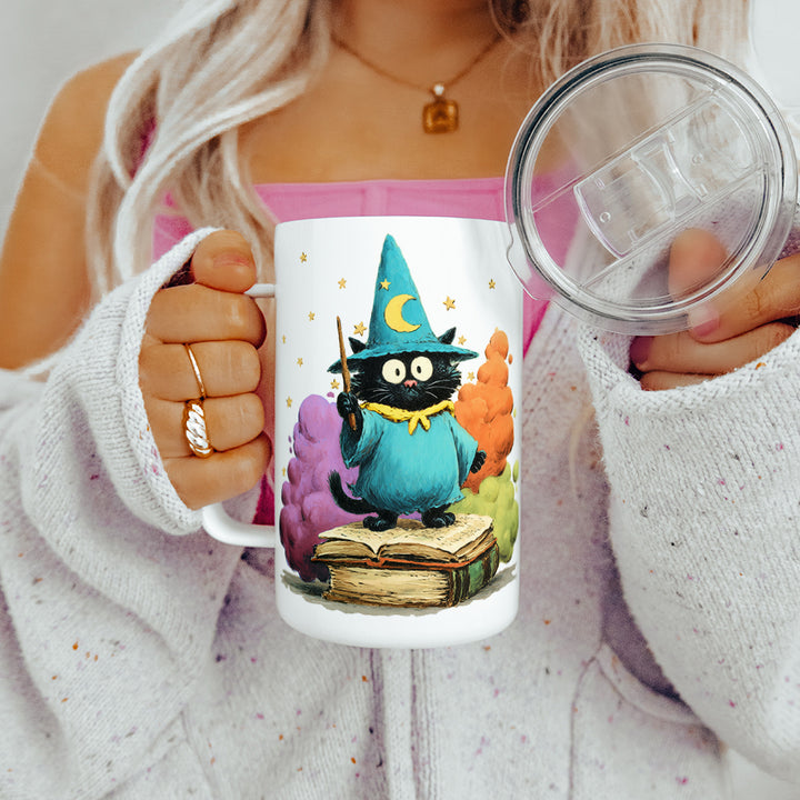 Bookish Wizard Cat Insulated Travel Mug
