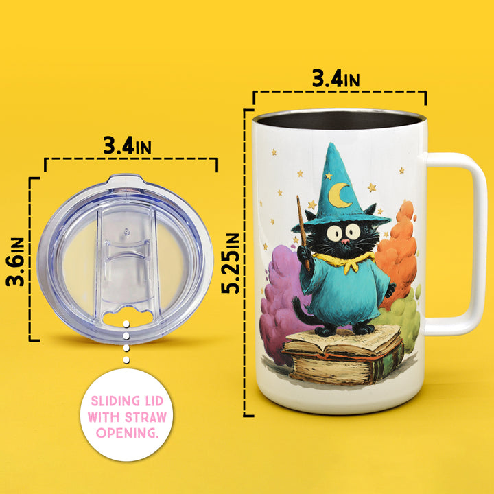 Bookish Wizard Cat Insulated Travel Mug
