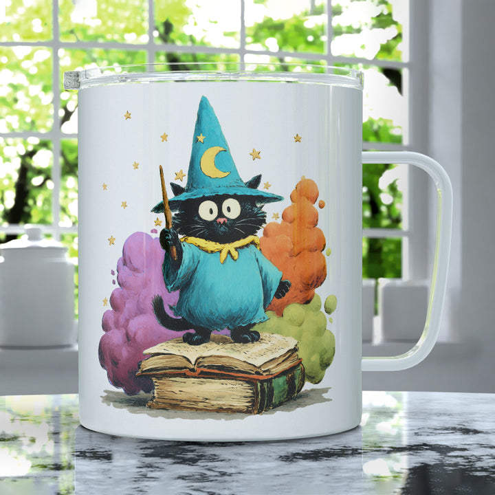 Bookish Wizard Cat Insulated Travel Mug
