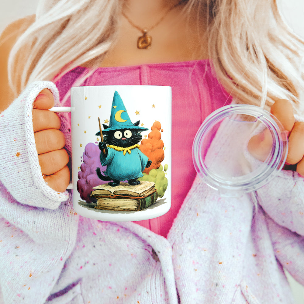 Bookish Wizard Cat Insulated Travel Mug