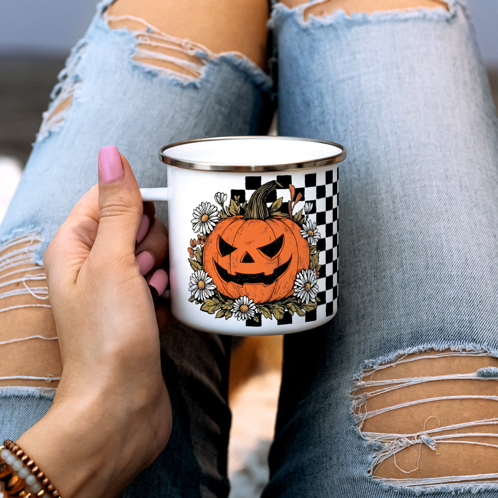 Checkered Pumpkin Camp Mug
