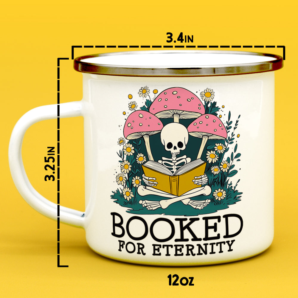 Mug with skeleton reading a book design and measurements on a yellow background