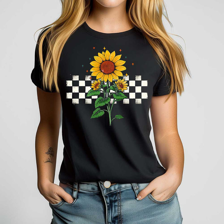 Checkered Sunflower Crewneck Tshirt - Loftipop