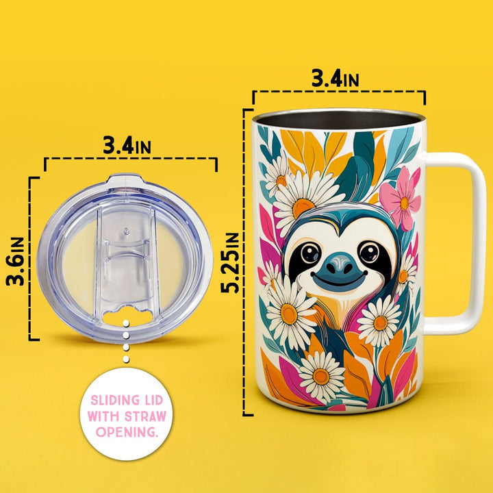 Floral Sloth Insulated Travel Mug - Loftipop