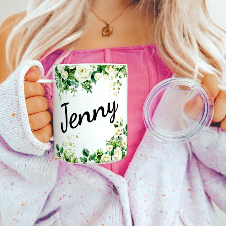 Personalized Name White Rose Insulated Travel Mug - Loftipop