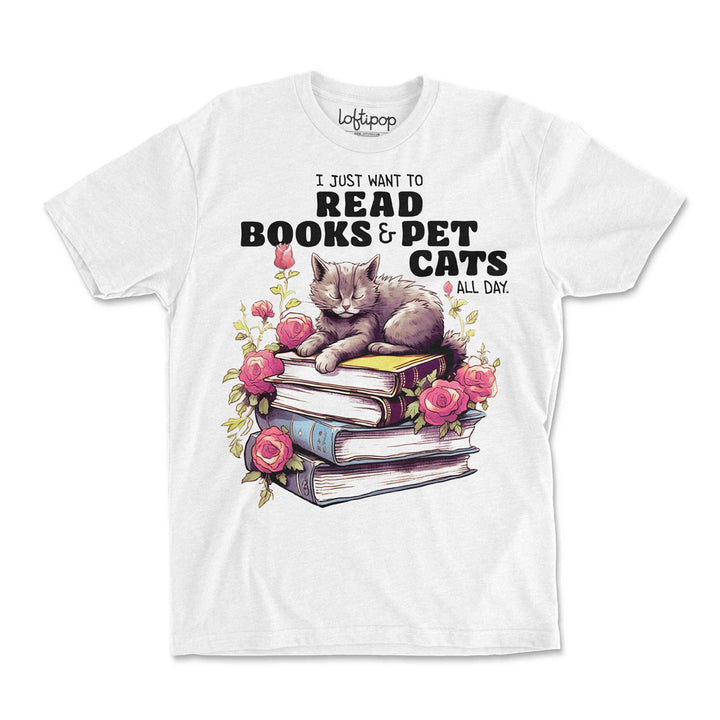 I Just Want To Read Books and Pet Cats Crewneck Tshirt