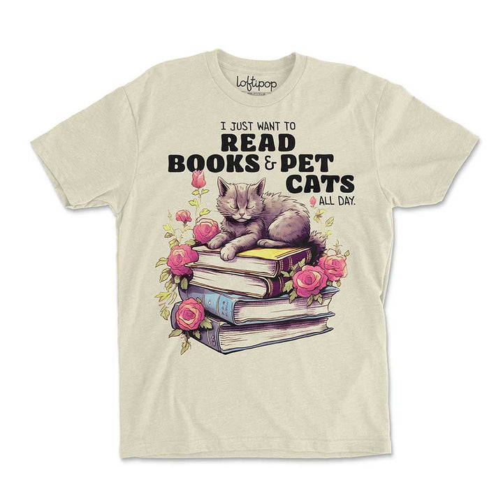I Just Want To Read Books and Pet Cats Crewneck Tshirt
