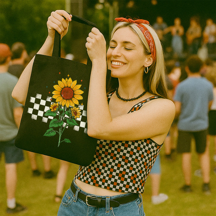 Checkered Sunflower Tote Bag