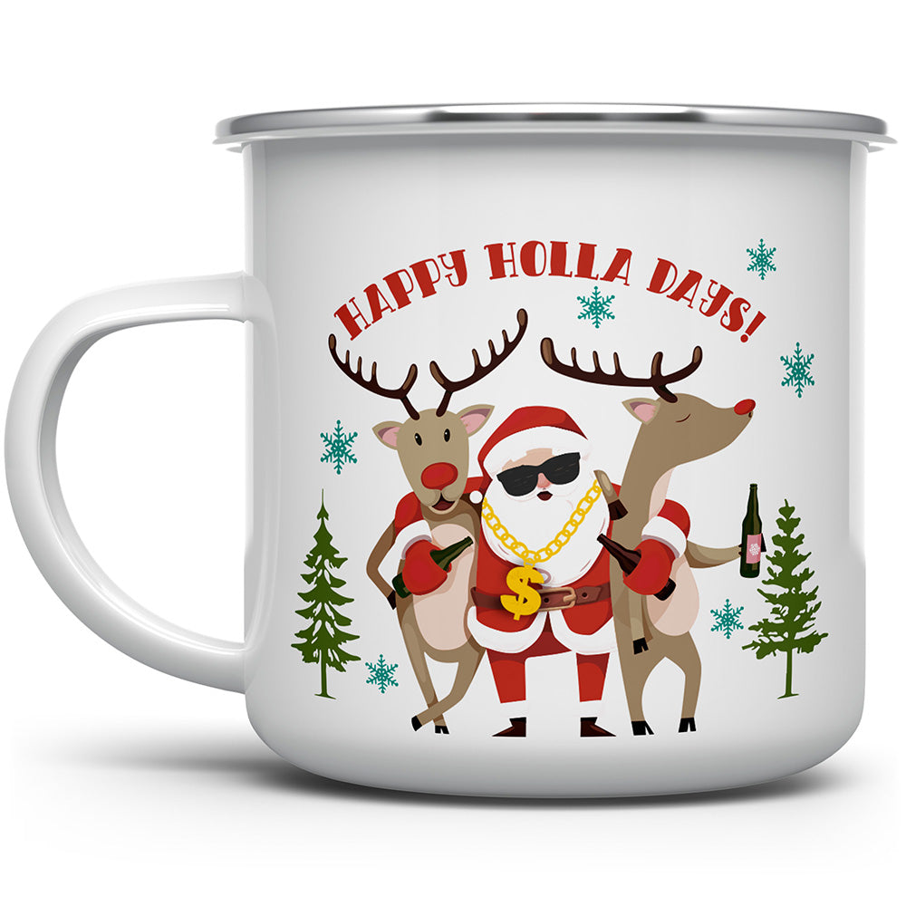 Camp mug that says Happy Holla Days with Santa and reindeer drinking beer