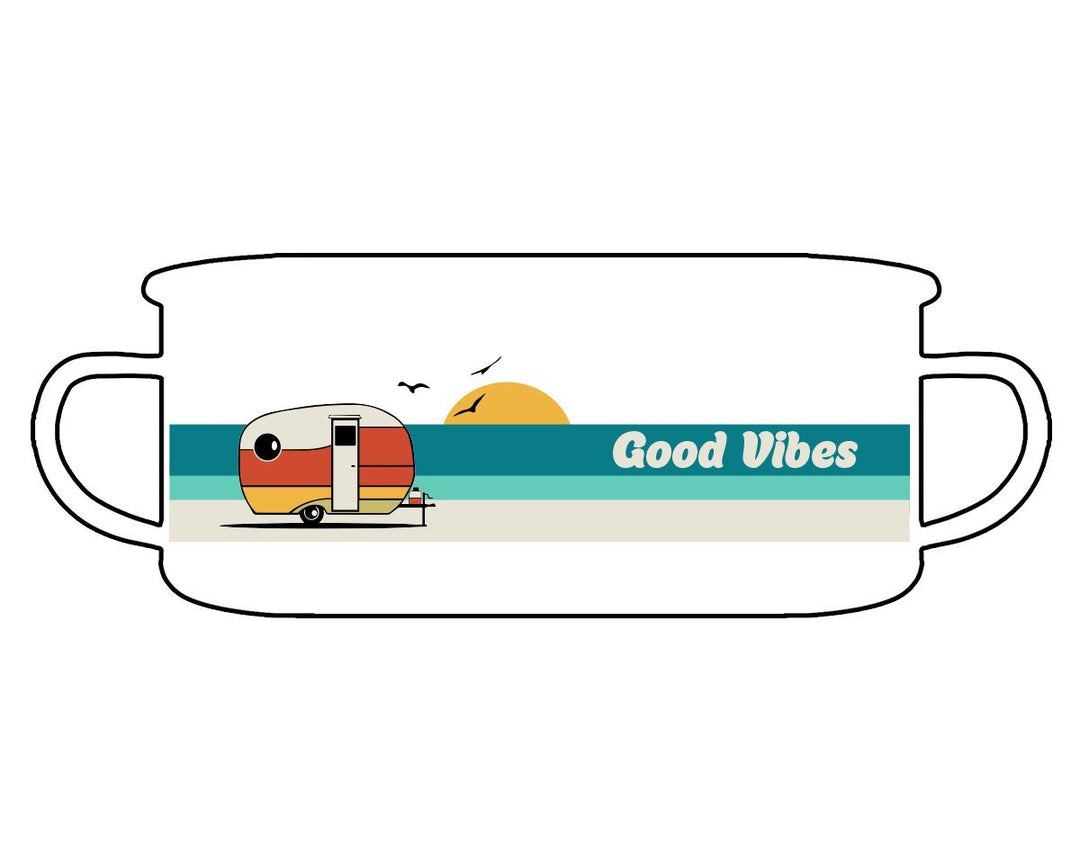 Good Vibes Retro Enamel Camp Mug design on white background