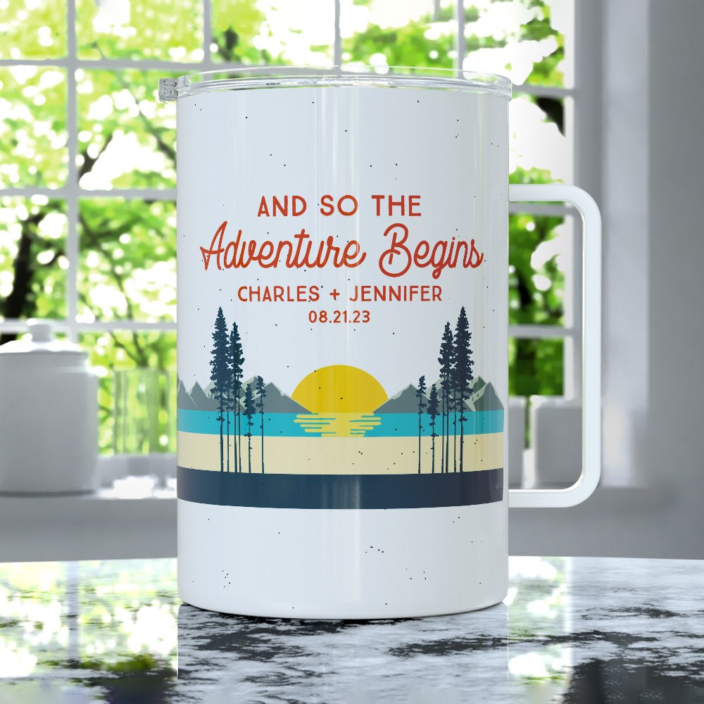 Personalized Couples Insulated Travel Mug - And So The Adventure Begins - Loftipop