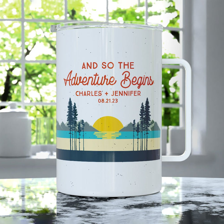 Personalized Couples Insulated Travel Mug - And So The Adventure Begins - Loftipop