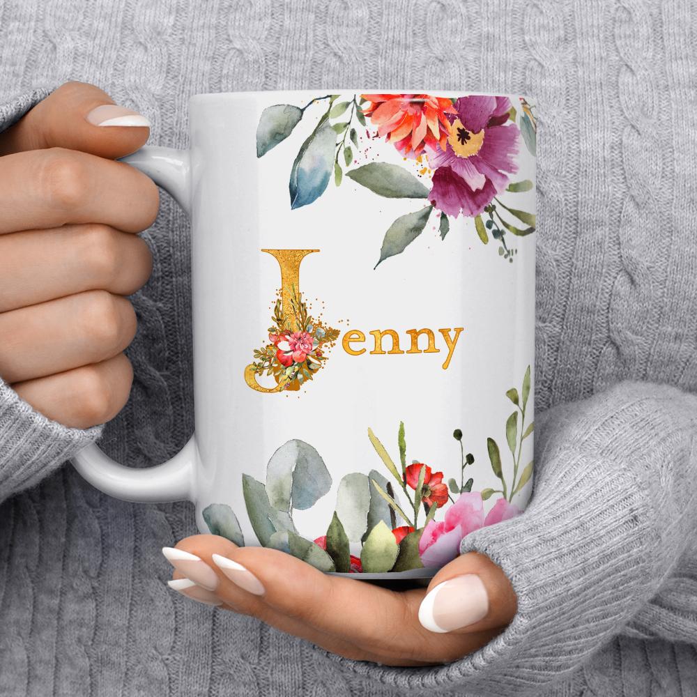Personalized Name Floral Mug held by hands - Loftipop